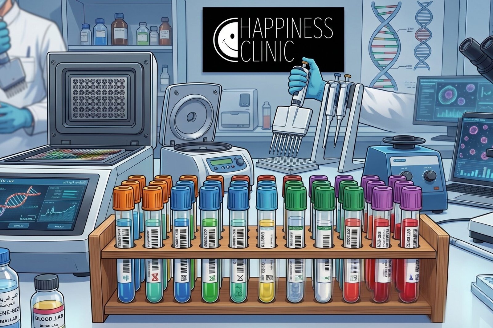 Blood sample tubes in a rack in a modern clinic laboratory in Dubai