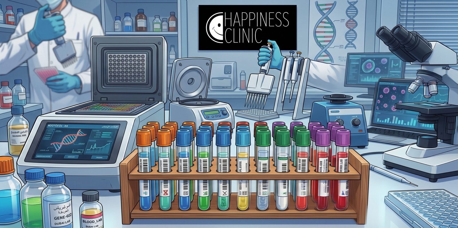 Blood sample tubes in a rack in a modern clinic laboratory in Dubai